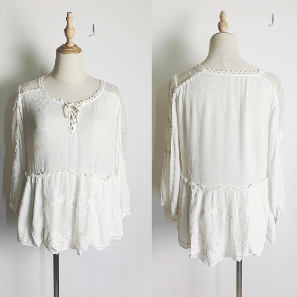 FREE PEOPLE Gauze Boho Peasant White Blouse Scoop Neck